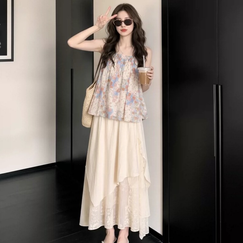 French-Style Gentle Floral Tie-Up Strap Set for Women, 2026 Summer Vacation Style Lace Patchwork Long Dress, Elegant Outfit French-Style Gentle Floral Tie-Up Strap Set for Women, 2026 Summer Vacation Style Lace Patchwork Long Dress, Elegant Outfit
