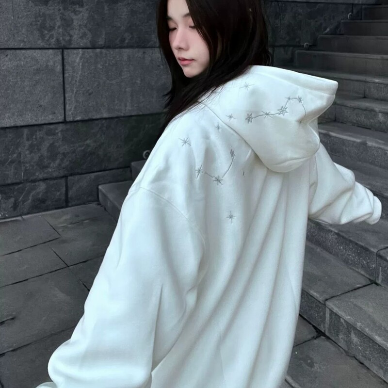 American Street Style Silver Thread Star Embroidery Hooded White Sweatshirt for Women, New Spring and Autumn Loose Fit Slimming Hoodie Jacket American Street Style Silver Thread Star Embroidery Hooded White Sweatshirt for Women, New Spring and Autumn Loose Fit Slimming Hoodie Jacket