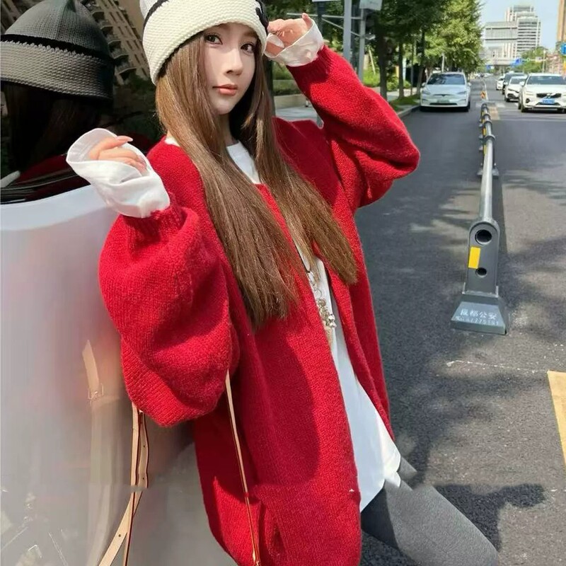 Lazy Style Red Loose Knit Cardigan for Women, Autumn 2026 New Model, High-End Feel, Loose and Soft Sweater Coat