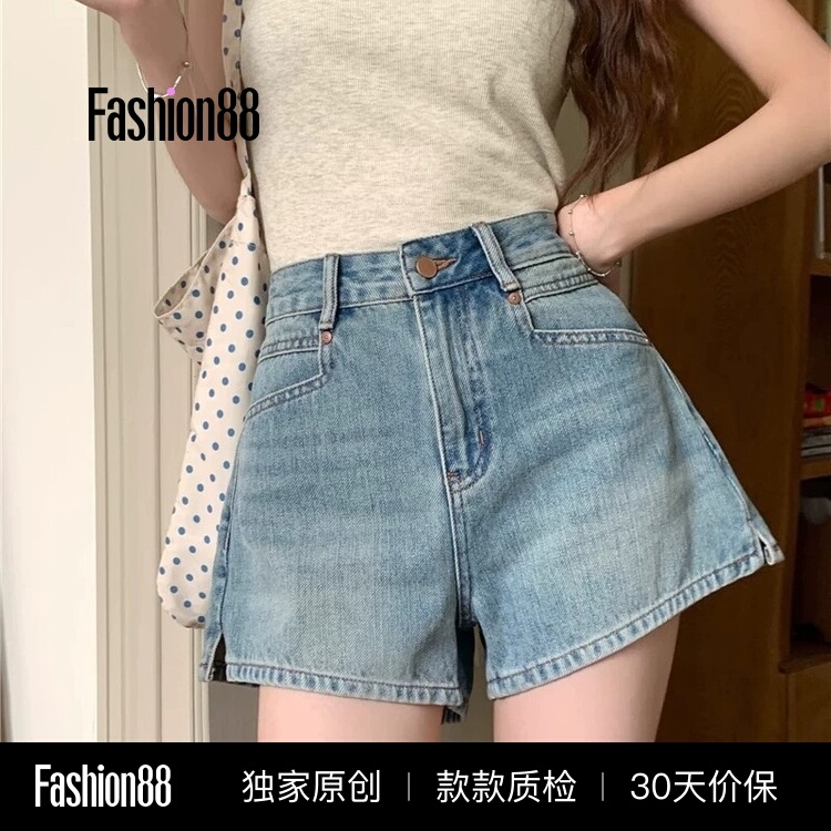 American-Style Spicy Girl Classic Versatile Denim Shorts for Women, Summer High-Waisted A-Line Split Hot Pants, Ultra-Short Shorts for Petite Figures