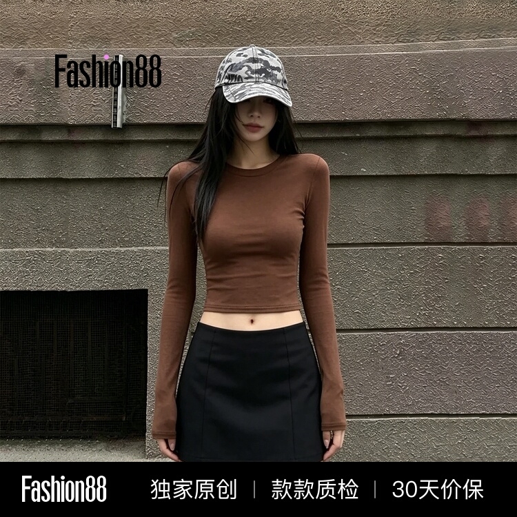 American-Style Spicy Girl Style Round Neck Short Long-Sleeve T-Shirt for Women, Autumn Slim Fit, Flattering and Versatile Base Shirt Top