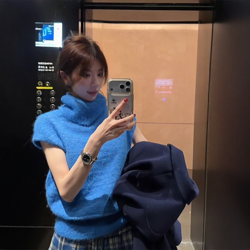 Stunningly Beautiful Blue Layered Turtleneck Knitted Vest for Women, Spring Lazy Style Outerwear with a Stacked Collar Sweater Vest