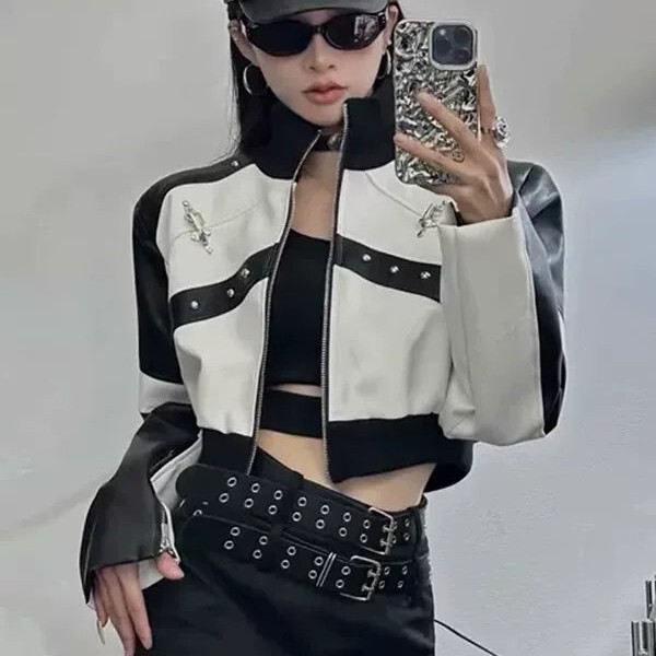 Cool and Stylish Black and White Contrast Studded Stand-Collar Short Leather Jacket for Women, New Autumn Motorcycle Jacket Top Cool and Stylish Black and White Contrast Studded Stand-Collar Short Leather Jacket for Women, New Autumn Motorcycle Jacket Top