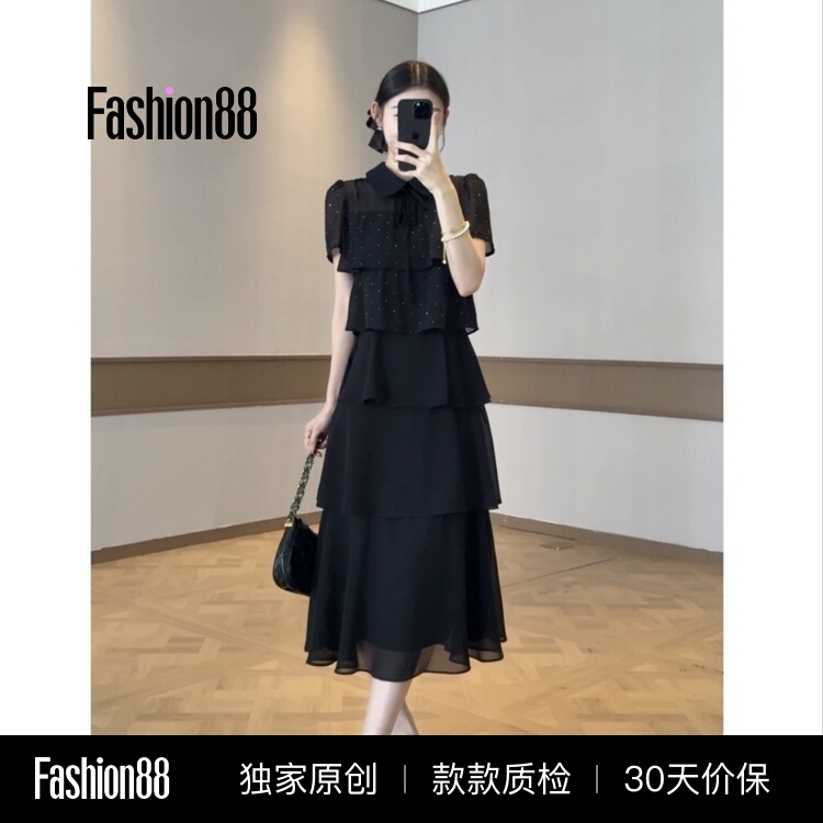 2026 Summer Black Elegant Cake Design Slim Fit Fashionable Waist-Cinching Slimming A-Line Dress Mid-Length Dress