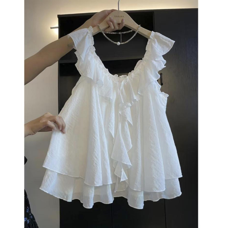 Summer 2026 New Korean Style Ruffled V-Neck Design Sweet Flutter-Sleeve Blouse That Hides the Body Shape