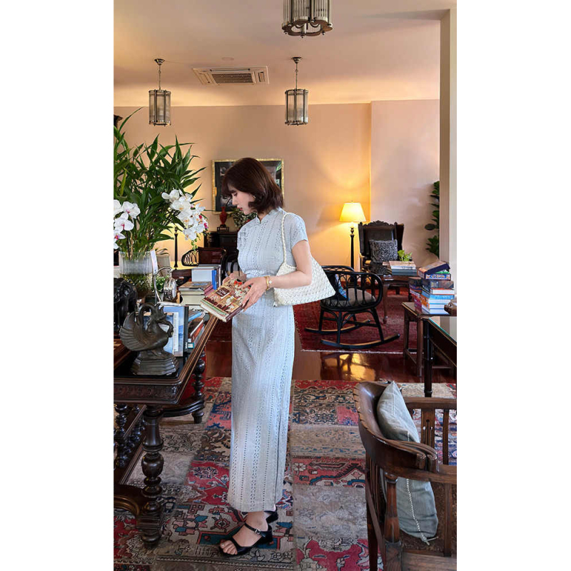 2026 New Chinese Style [Little Cardamom] Design-Enhanced Cheongsam Dress Summer Hollow-Out Waist-Cinching Elegant Long Dress