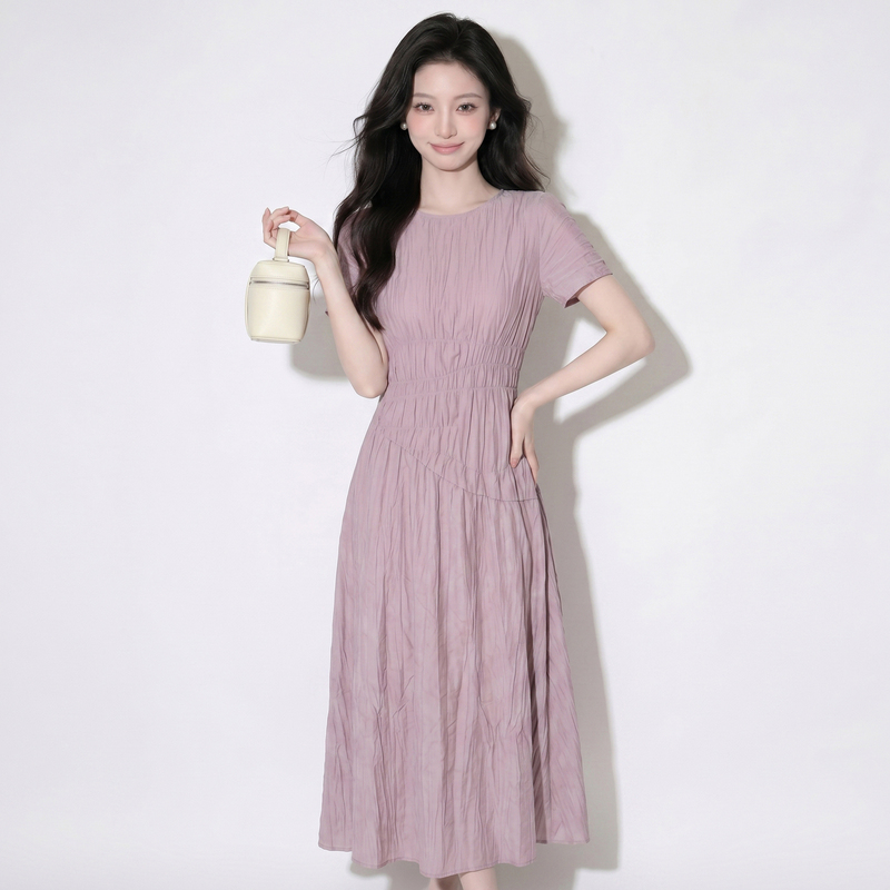 Luxury 2026 Summer New French Style Purple Round Neck Dress for Women, Slimming Waist Design, Elegant Long Dress Luxury 2026 Summer New French Style Purple Round Neck Dress for Women, Slimming Waist Design, Elegant Long Dress