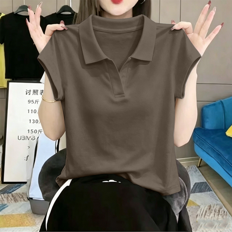 Women's 2026 Summer New Style Polo Shirt with Regular Shoulder Lapels and Small Flutter Sleeves, Designed for Plus-Size Women to Look Younger