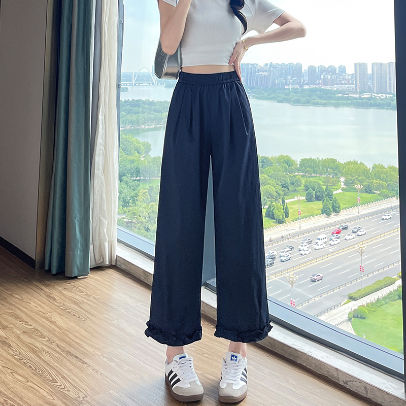 High-Waisted Ruffled Wide-Leg Pants for Women, New Summer Style, Slim Fit, Thin, Petite Casual Cropped Straight Pants