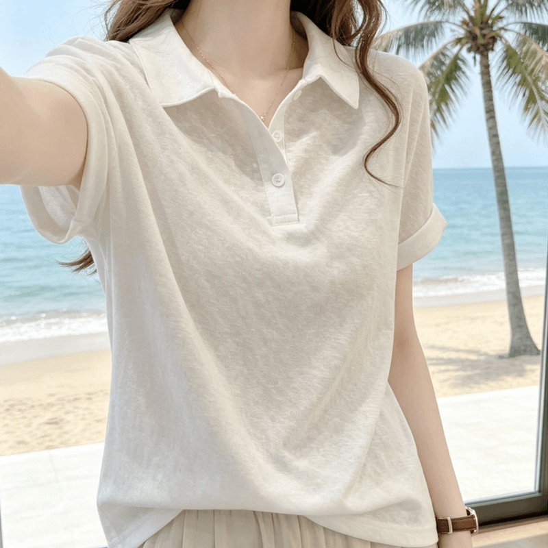 Fashionable Turn-Down Collar High-Quality Cotton Regular Shoulder Polo Shirt Women's Short-Sleeve T-Shirt Summer Loose Slimming Plus-Size Casual Top Thin Style Fashionable Turn-Down Collar High-Quality Cotton Regular Shoulder Polo Shirt Women's Short-Sleeve T-Shirt Summer Loose Slimming Plus-Size Casual Top Thin Style