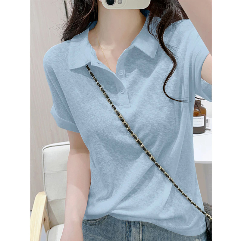 White Polo Collar Short-Sleeve T-Shirt for Women, Summer Loose Fit, Slimming Thin Style, Snowflake Cotton, Casual Simple Solid Color Top White Polo Collar Short-Sleeve T-Shirt for Women, Summer Loose Fit, Slimming Thin Style, Snowflake Cotton, Casual Simple Solid Color Top