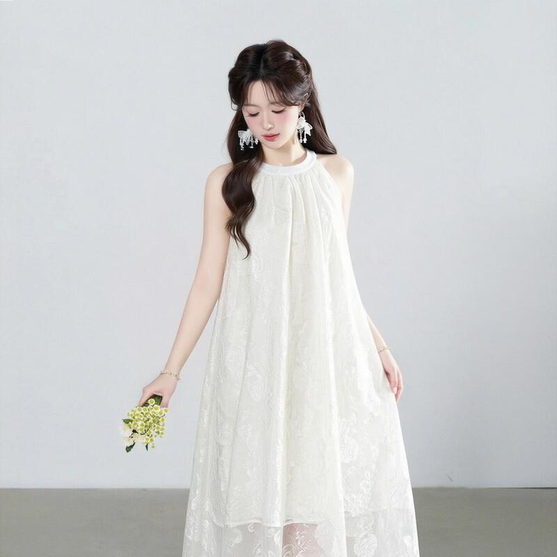 150 Petite French Lace Halter Neck Dress for Women, High-End Sleeveless Off-Shoulder Mid-Length Flared Dress Size XS 150 Petite French Lace Halter Neck Dress for Women, High-End Sleeveless Off-Shoulder Mid-Length Flared Dress Size XS