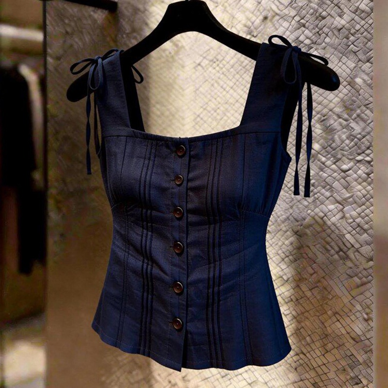 French-Style Elegant Navy Blue Square-Neck Bowknot Sleeveless Camisole for Women, Unique and Beautiful High-End Summer Top French-Style Elegant Navy Blue Square-Neck Bowknot Sleeveless Camisole for Women, Unique and Beautiful High-End Summer Top