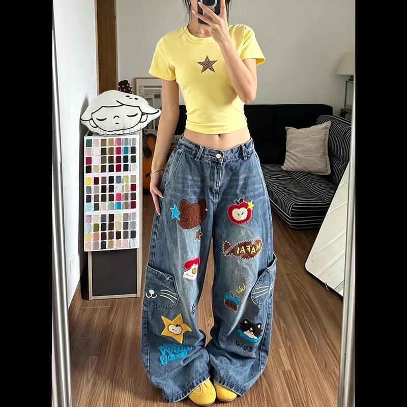 Cartoon Pattern Embroidery Design 2026 New Versatile Plus-Size Slimming Wide-Leg Loose Long Pants for Women Cartoon Pattern Embroidery Design 2026 New Versatile Plus-Size Slimming Wide-Leg Loose Long Pants for Women