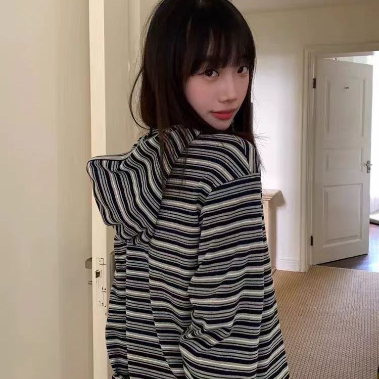 Lazy Striped Hooded Pullover Sweatshirt Korean Style Early Autumn New Style Loose Top with Long Sleeves for Women