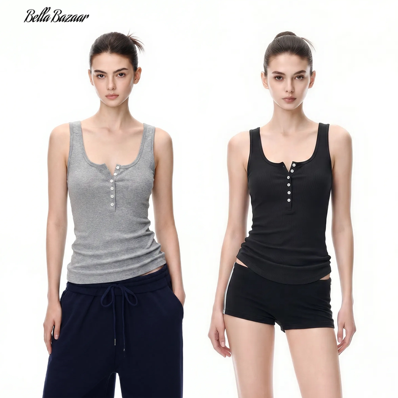 Bellabazaar Half-Button Henry Collar Camisole for Women, New Summer Slim-Fit Sleeveless Top, Trendy Style