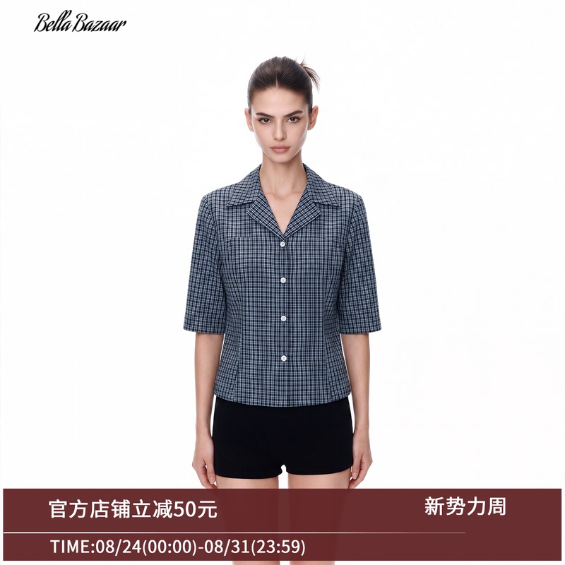 Bellabazaar American Retro Plaid Shirt for Women 2026 Summer Loose Short-Sleeve Top Trendy Bellabazaar American Retro Plaid Shirt for Women 2026 Summer Loose Short-Sleeve Top Trendy