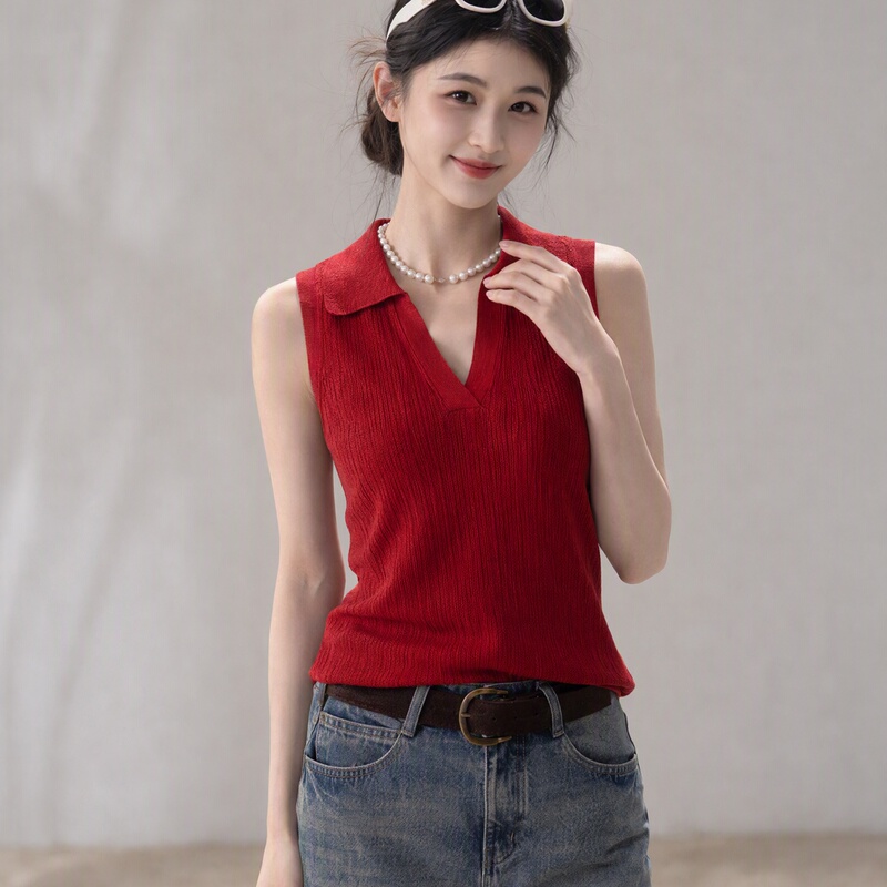 Retro Hong Kong Style Red Ice Silk Sleeveless Knitted Vest for Women, New Summer Style Spicy Girl Thin Polo Collar Top