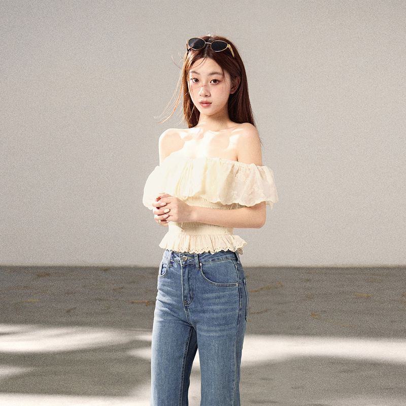 Chaiyu Elegant Mature Style One-Shoulder Ruffle Top for Women, Summer Off-Shoulder Waist-Cinching Slim Chiffon Blouse