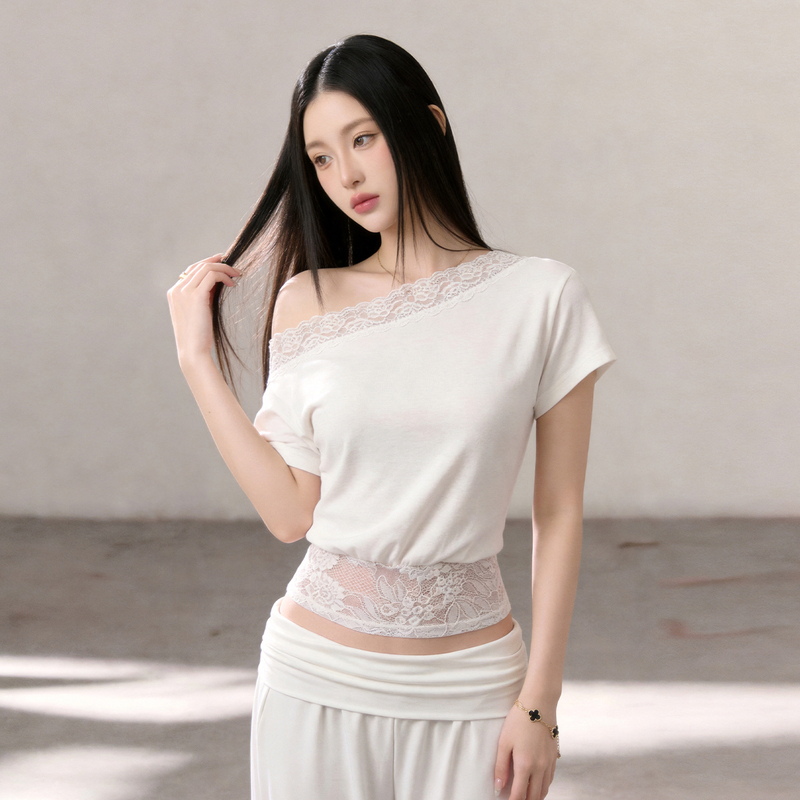 Lace Soft White 2026 Summer New Style Pure Desire Style Lace Patchwork Asymmetrical Shoulder Waist-Cinching Short Sleeve T-Shirt Top for Women