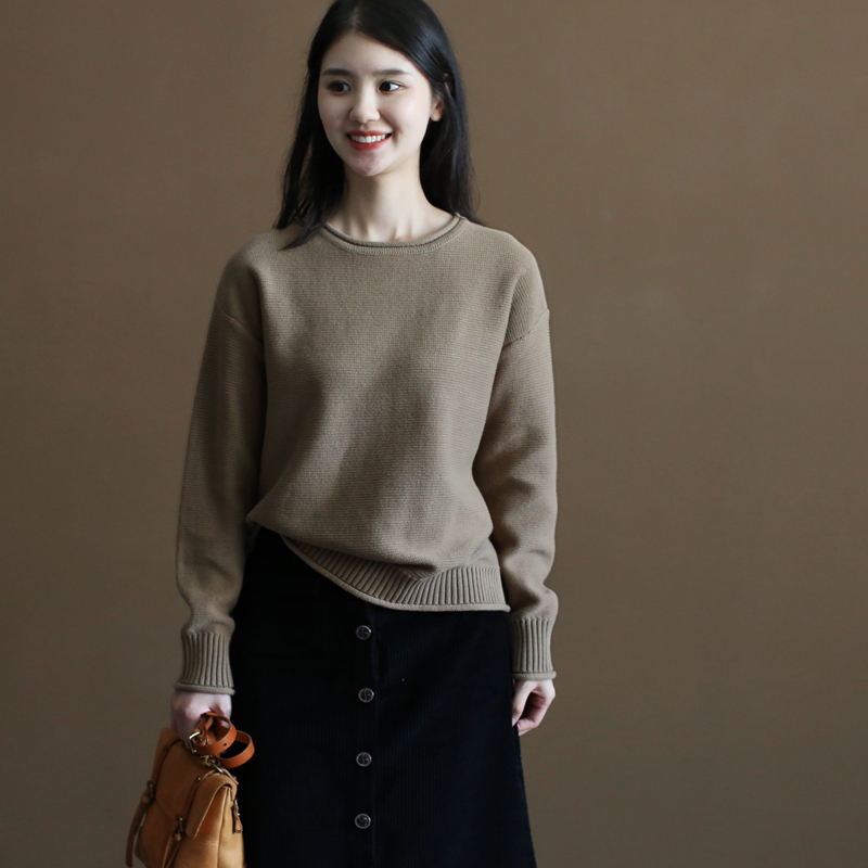 Three to Five Years Y080 Pure Cotton Round Neck Sweater Solid Color Autumn and Winter New Loose Forest Style Pullover Knitted Top for Women Three to Five Years Y080 Pure Cotton Round Neck Sweater Solid Color Autumn and Winter New Loose Forest Style Pullover Knitted Top for Women