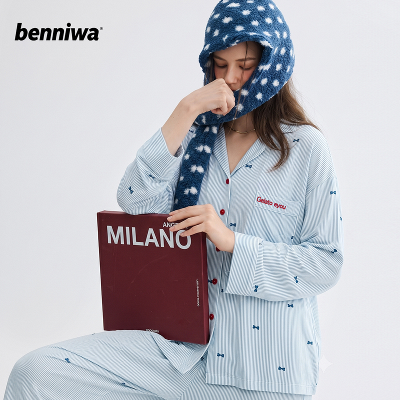Benniwa【Blue Diary Series】Women's Pajamas Spring and Autumn New Cardigan Style Can Be Worn Outside Homewear Set Benniwa【Blue Diary Series】Women's Pajamas Spring and Autumn New Cardigan Style Can Be Worn Outside Homewear Set