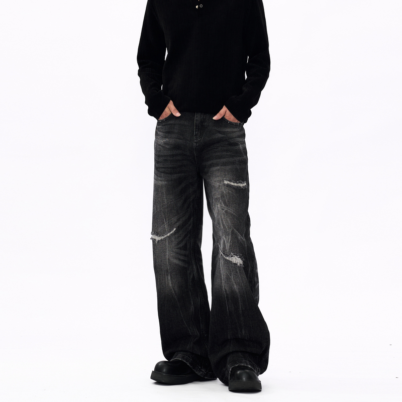 Escape Plan Lightning Pattern Distressed Jeans for Men, Autumn New American Retro Vintage Straight-Leg Pants Trendy