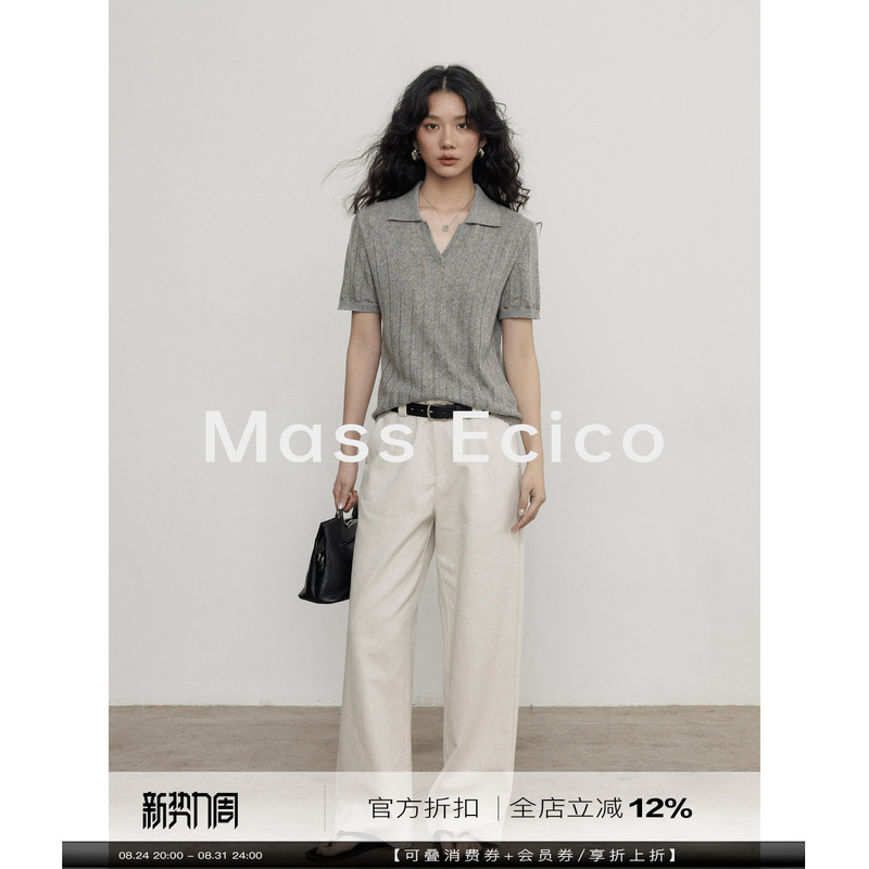 Mass Ecico Old Money Style V-Neck Short-Sleeved Knit Top for Women, New Summer Commuter Slim-Fit Thin Outerwear Top