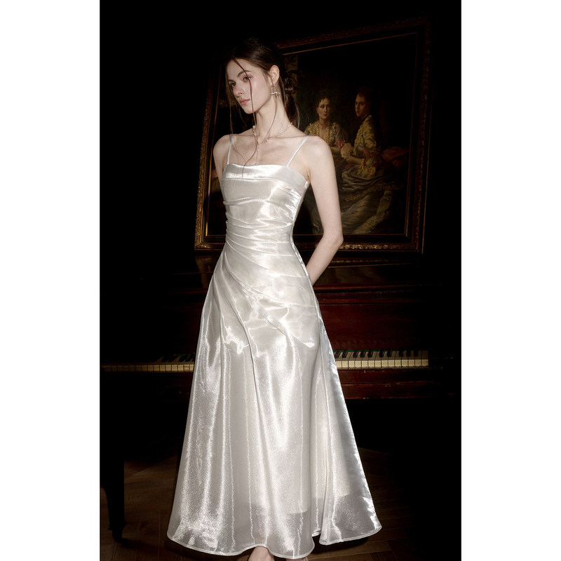 French-Style Spaghetti Strap Evening Dress for Birthday Party, Coming-Of-Age Ceremony, 2026 New Model, High-End Engagement Party, Registration, Small White Dress French-Style Spaghetti Strap Evening Dress for Birthday Party, Coming-Of-Age Ceremony, 2026 New Model, High-End Engagement Party, Registration, Small White Dress