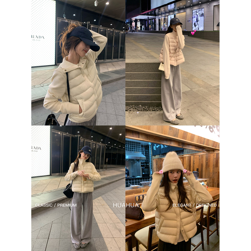 【Flower】Strawberry Milkshake~ Korean-Style Knitted Patchwork Stand-Up Collar Lightweight Warm White Duck down Jacket 【Flower】Strawberry Milkshake~ Korean-Style Knitted Patchwork Stand-Up Collar Lightweight Warm White Duck down Jacket