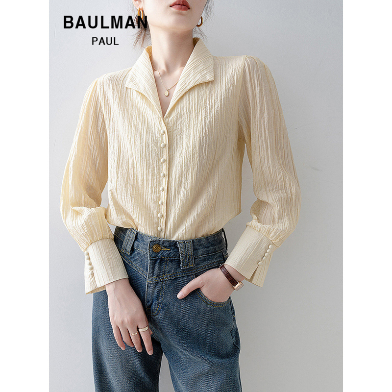 Baulman Paul Old Money Style Beige Suit Collar Shirt for Women, Casual Soft and Relaxed Style High-End Top