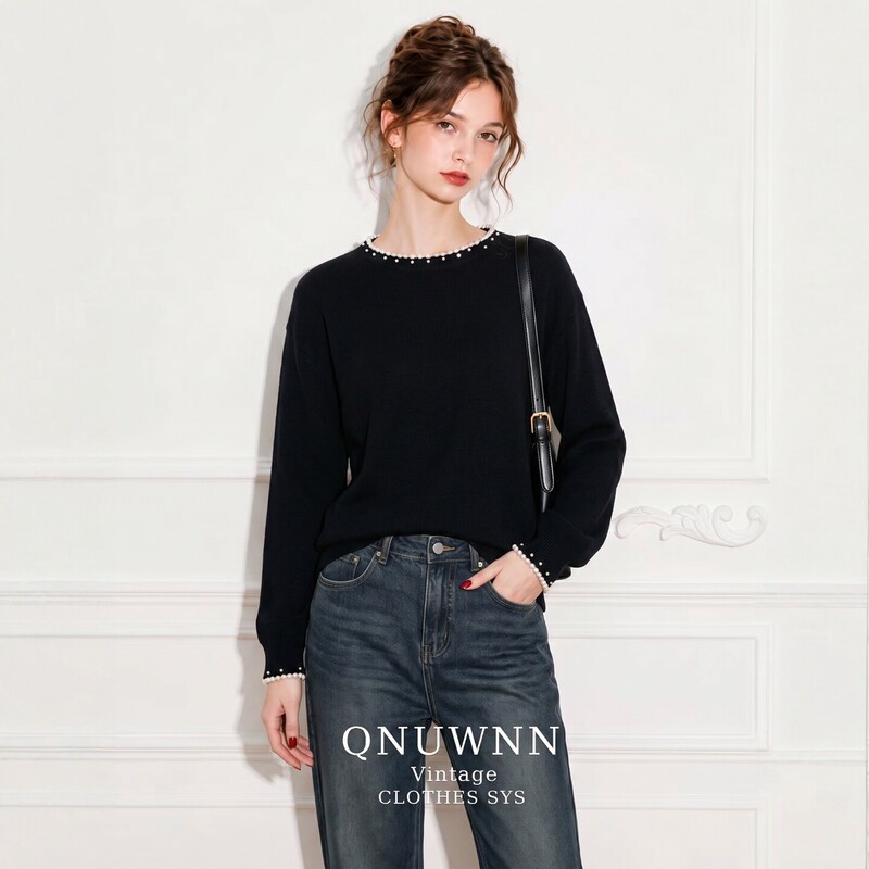 French-Style Lazy Chic Black Round-Neck Knit Sweater with Pearl Embellishments for Women, 2026 New Model, Long-Sleeve Versatile Relaxed Top