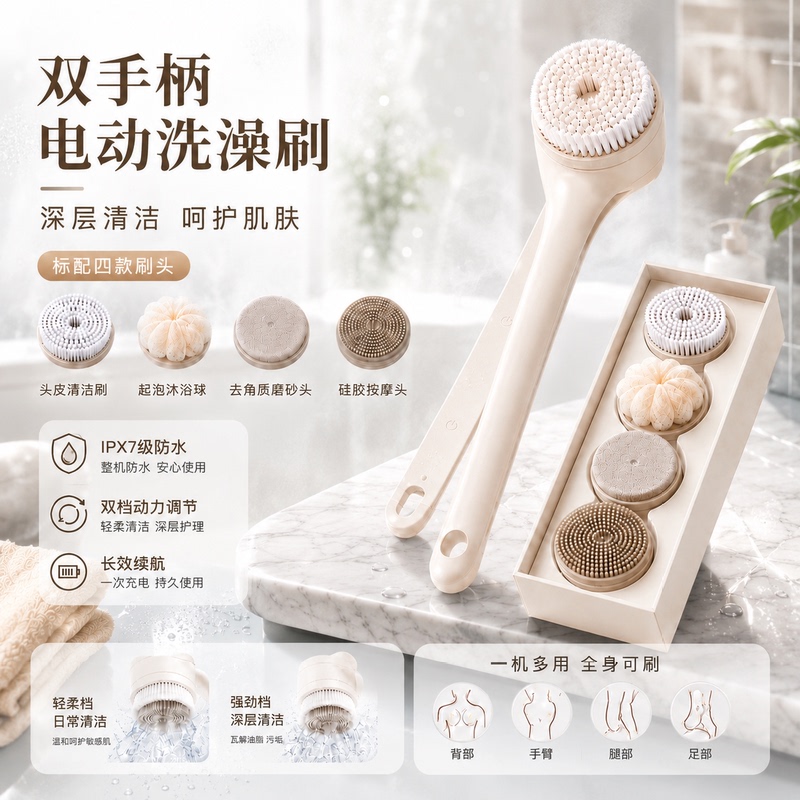 Double-Handle Electric Bath Scrubber, Men's Special Bath Brush, Double-Handle Back Scrubber, Fully Automatic Bath Brush
