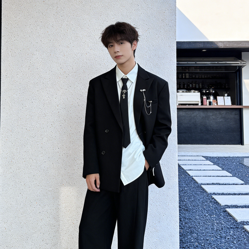 College Style Casual Loose-Fitting Suit for Men, Black Versatile Interview Formal Wear, High-End Jacket Suit, Adult Ceremony