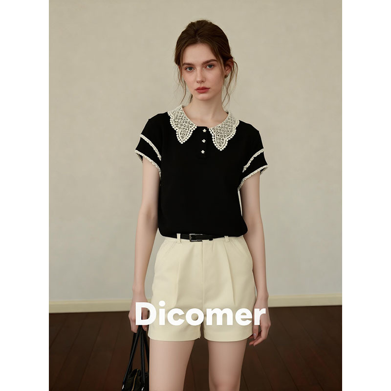 Dicomer Official Website Black Polo Collar Short-Sleeved T-Shirt for Women with Lace Splicing, Casual Design, Niche and Versatile Top