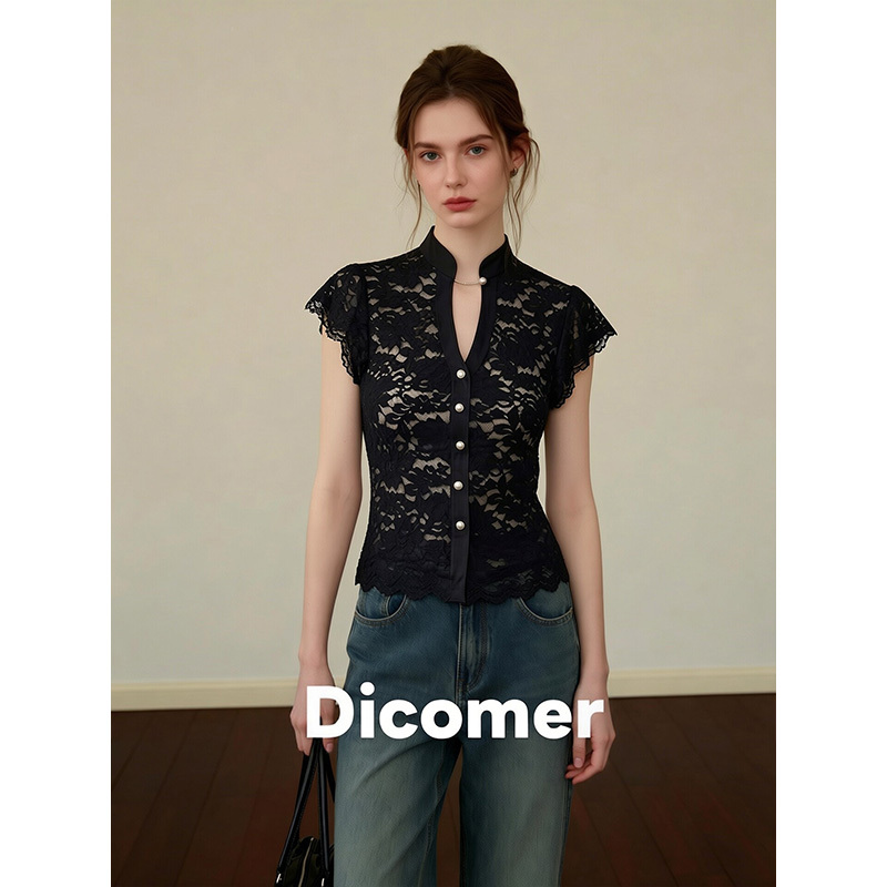 Dicomer Official Website European and American Hot Girl Style Black Lace Short-Sleeved Shirt Women's Stand-Up Collar Cut-Out Slim Sexy Top