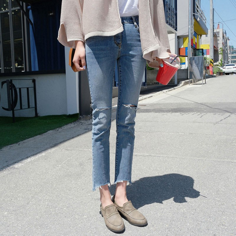 Tide brand jeans women's 2021 spring and autumn new Korean version of the high-waisted thin straight beggar hole nine-point micro-flare pants