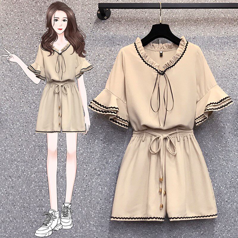 European Station Fashion Suite 2022 new large - size women's wear shorts are slim two pieces