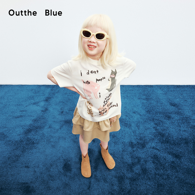 Outthe Blue "Impatient Cat" Summer Girls' Hand-Drawn Graffiti Cat Print Short-Sleeved T-Shirt Top