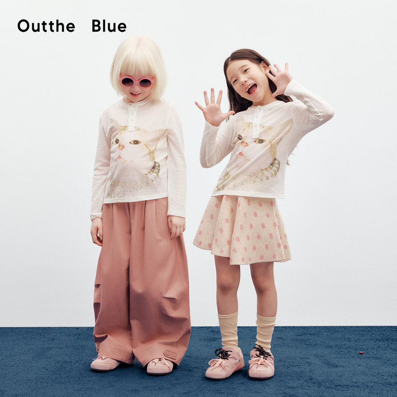 Outtheblue Kids' "Jewel in the Palm of Your Hand" Henry Collar Tencel Wool Jacquard Girls' Long Sleeve T-Shirt
