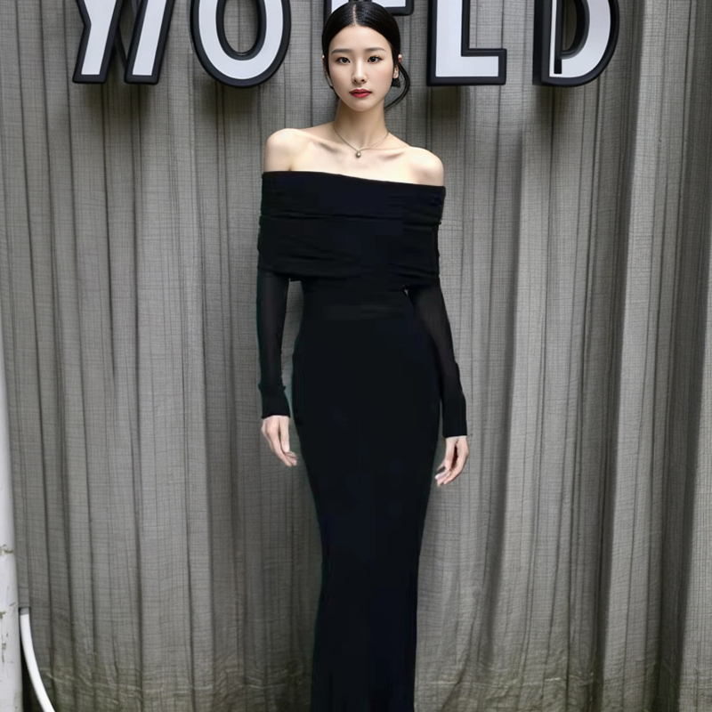 Liu Wen's Same Style Black Long-Sleeved Sexy Dress, New Spring and Autumn Women's One-Shoulder Slim-Fitting French-Style Long Dress