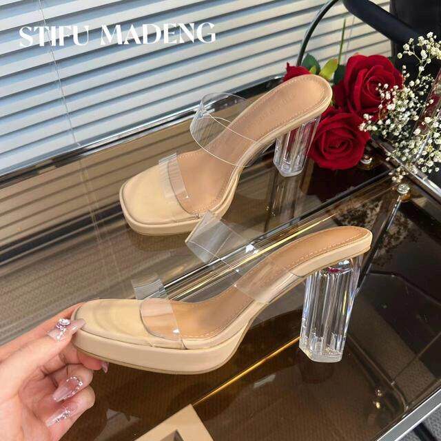 Steve Madden Transparent High-Heeled Platform Sandals 2025 Summer New Style Chunky Heel Outdoor Slippers