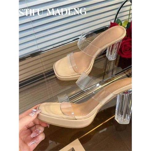 Steve Madden Transparent High-Heeled Platform Sandals 2025 Summer New Style Chunky Heel Outdoor Slippers