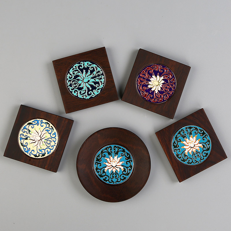 Ebony solid wood coaster bakelite enamel color cloisonné creative tea cup holder tea ceremony accessories insulation pad tea mat