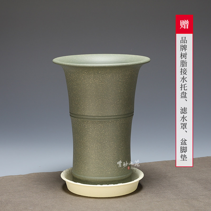 宜兴精品紫砂f花盆飘口绿色竹节有孔透气春兰建兰寒兰花专用兰花