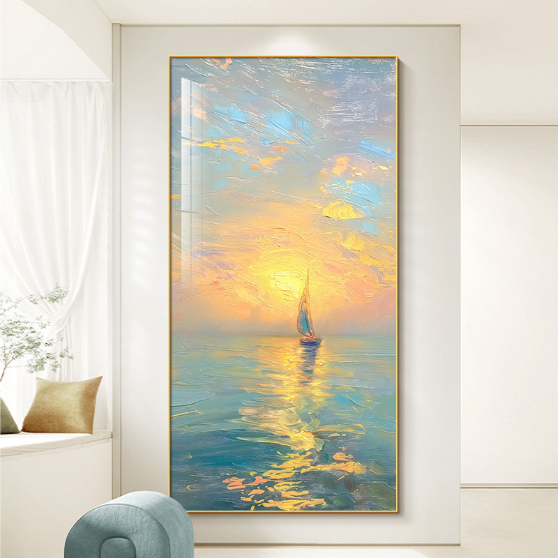 Cream-Colored Smooth Sailing Entranceway Decorative Painting, Modern Minimalist Sea Sunrise Texture Wall Art for Corridor and Hallway