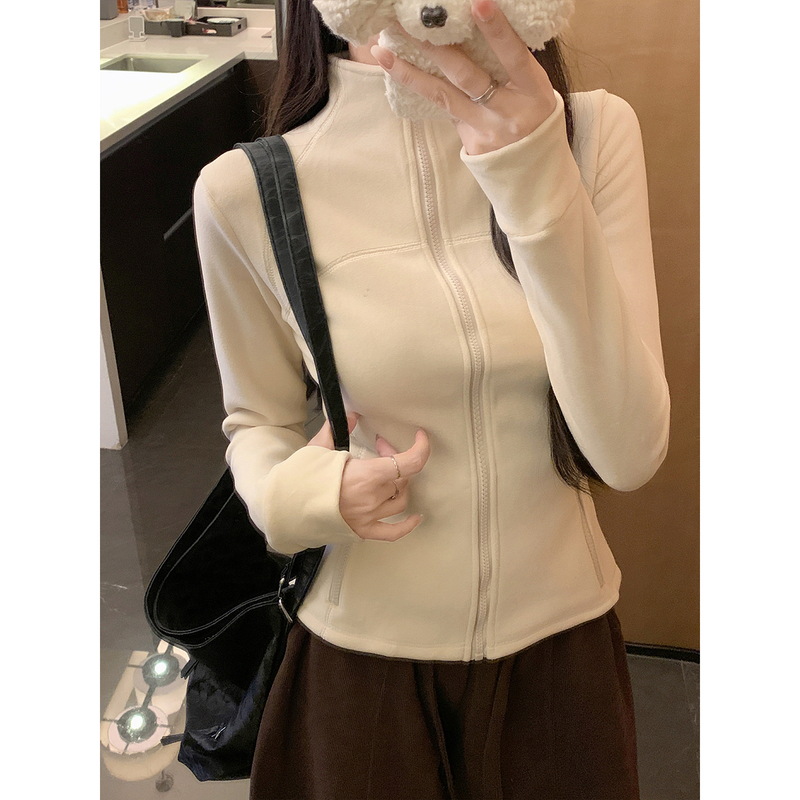 Beige Slim-Fit Sweatshirt Jacket for Women 2026 Autumn and Winter New Fleece-Lined Windbreaker Slimming Top