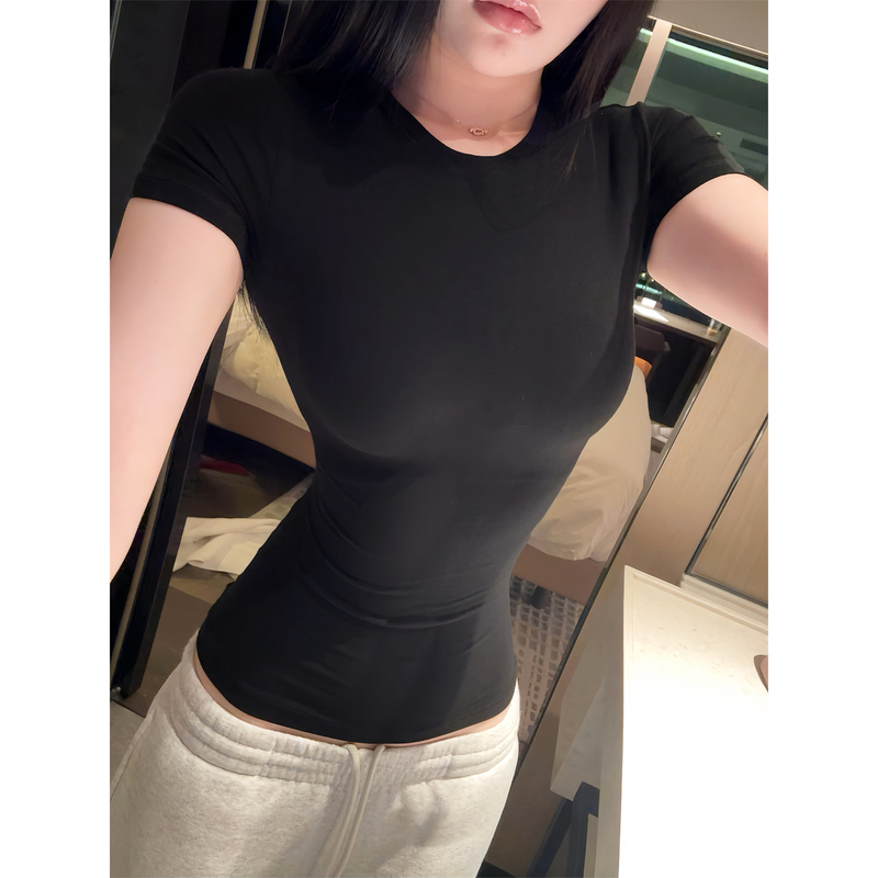 Black Spicy Girl T-Shirt Short-Sleeved Women's Summer New American-Style Sports Fitness Modal Figure-Flattering Top Black Spicy Girl T-Shirt Short-Sleeved Women's Summer New American-Style Sports Fitness Modal Figure-Flattering Top
