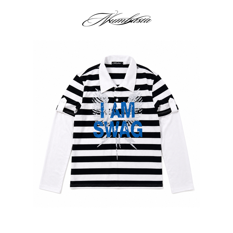 Numbasia_“Iamswag” Fake Two-Piece Silver-Printed Slogan Striped Light Asian Street Style Polo Long-Sleeve T-Shirt Numbasia_“Iamswag” Fake Two-Piece Silver-Printed Slogan Striped Light Asian Street Style Polo Long-Sleeve T-Shirt
