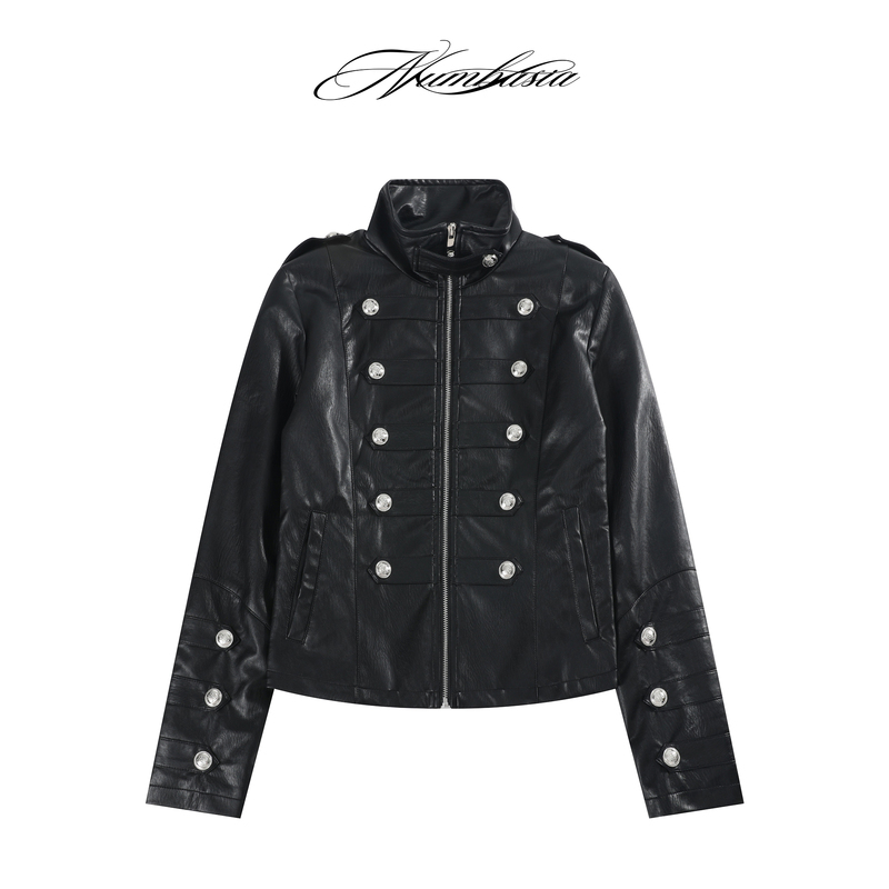 Numbasia Palace-Style Button-Decorated Epaulettes, Waist-Cinching, Fitted, Lightweight Street-Style Leather Jacket Numbasia Palace-Style Button-Decorated Epaulettes, Waist-Cinching, Fitted, Lightweight Street-Style Leather Jacket